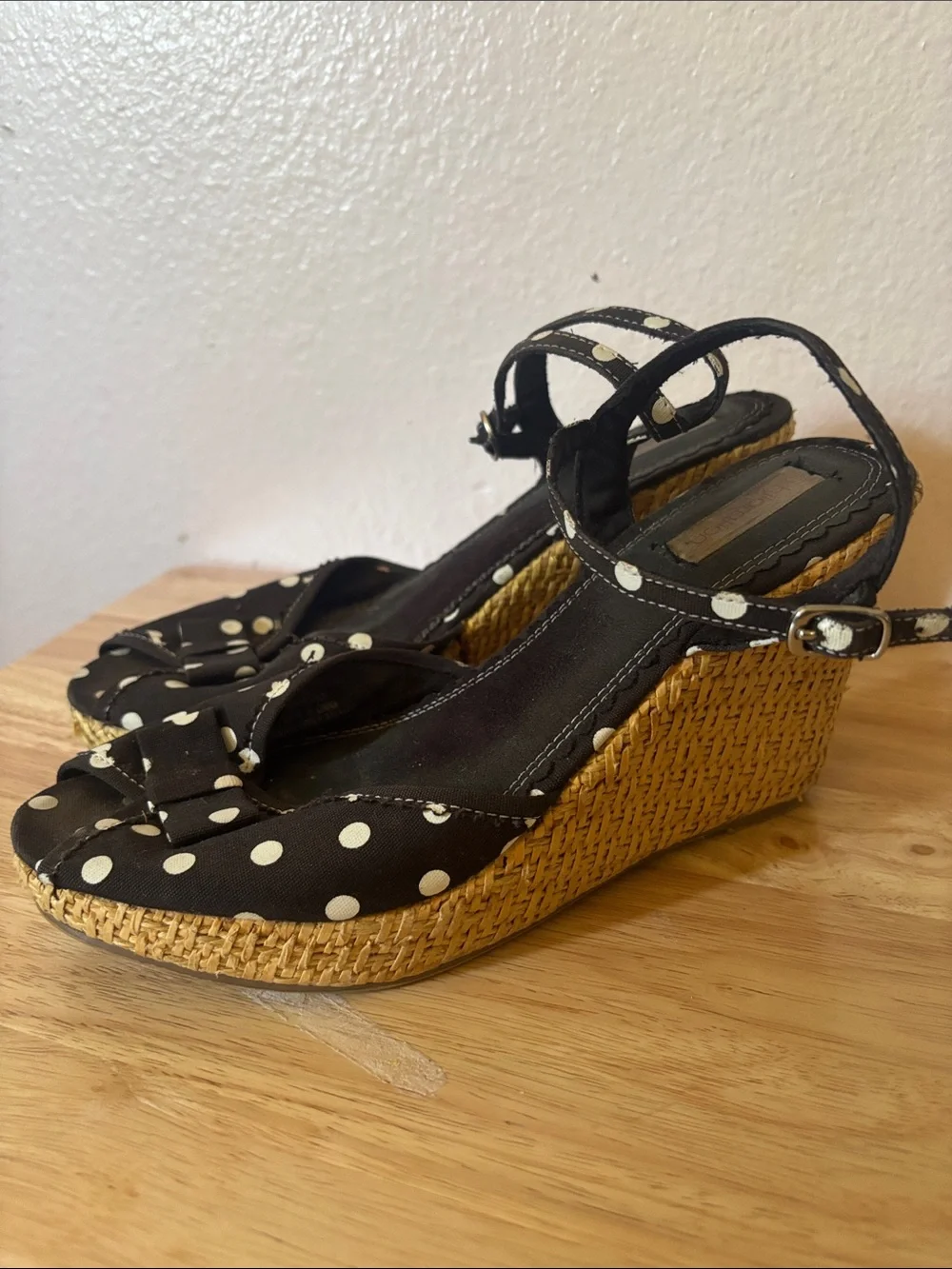Black Polka Dot Pinup Wedge Sandals with Peep toe and Ankle Strap, Size 7